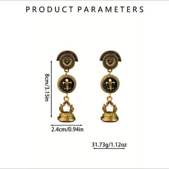 Vintage inspired French Fleur de lis Palace Red Gemstone Gold Black Earrings - Picture 4 of 4